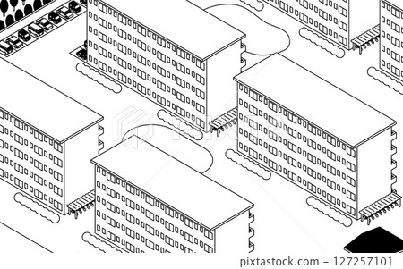 A simple line drawing isometric illustration of a landscape lined with old-fashioned housing complexes 127257101