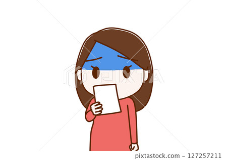 (Front view of upper body) A woman turns pale and is shocked when she sees the notice (Front view of upper body) A woman turns pale and is shocked when she sees the notice 127257211