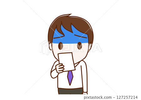 (Front view of upper body) A man turns pale and is shocked when he sees the notice 127257214