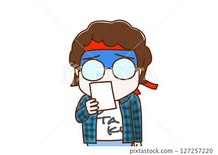 (Front view of upper body) A geek wearing glasses turns pale and is shocked when he sees the notice (Front view of upper body) A geek wearing glasses turns pale and is shocked when he sees the notice 127257220