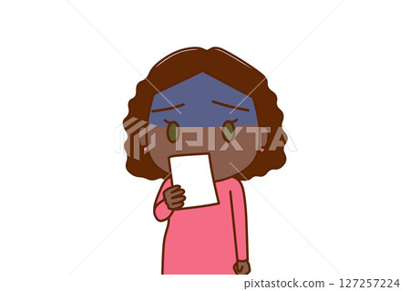 (Front view of upper body) An African-American woman turns pale and is shocked when she sees the notice 127257224
