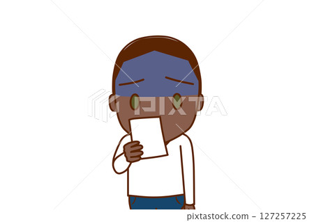 (Front view of upper body) An African-American man turns pale and is shocked when he sees the notice (Front view of upper body) An African-American man turns pale and is shocked when he sees the notice 127257225