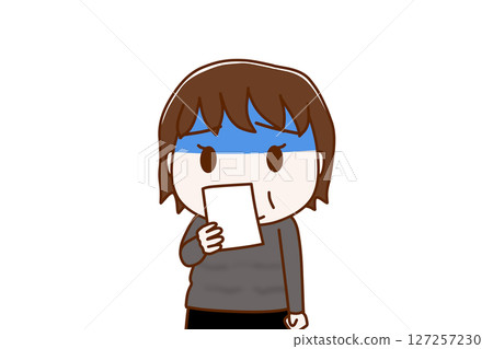 （上半身正面照）一名胖女子看到告示後臉色蒼白，震驚不已 127257230