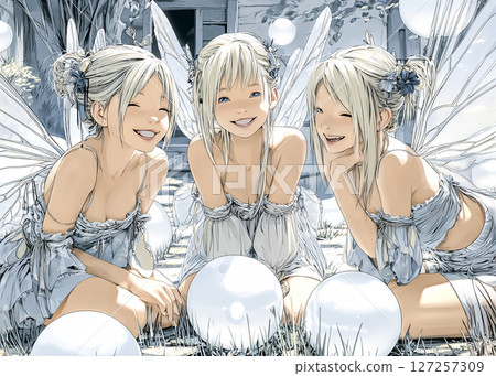 三位小仙女姊妹凝視著光球的插畫素材 127257309