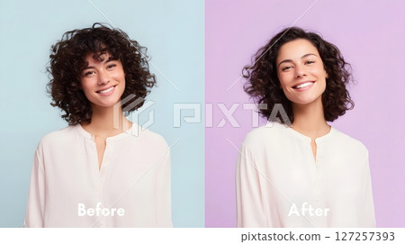 Before and After Portrait of Smiling Woman With Background Shift 127257393