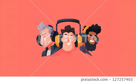 Cartoon Trio With Headphones on Coral Background Cartoon Trio With Headphones on Coral Background 127257403