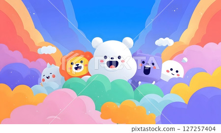 Cheerful Cartoon Animals Among Rainbow Clouds Cheerful Cartoon Animals Among Rainbow Clouds 127257404