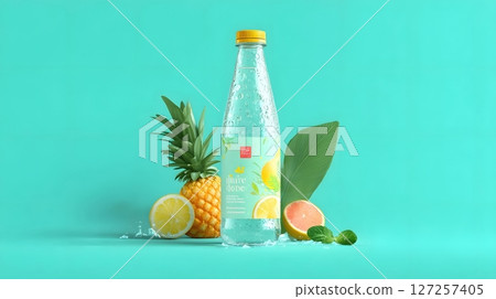 Clear Sparkling Water Bottle With Fruits and Leaves on Cyan Backdrop Clear Sparkling Water Bottle With Fruits and Leaves on Cyan Backdrop 127257405