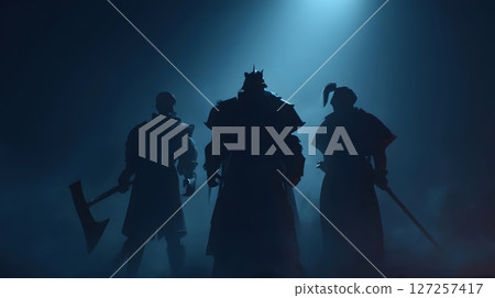 Dark Fantasy Warriors Standing in Dramatic Fog Lighting 127257417