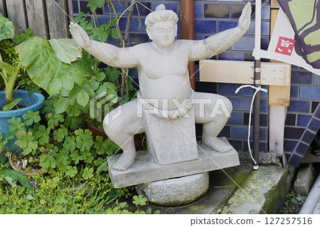 花園裡有一尊相撲選手的石像 127257516