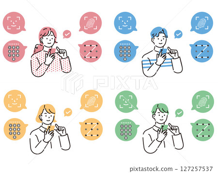 Illustration of a person operating a smartphone (PIN number, security, face recognition, passcode) Illustration of a person operating a smartphone (PIN number, security, face recognition, passcode) 127257537