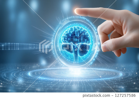 Futuristic Digital Interface Rendering of a Brain with Hand Interaction in a Medical Context 127257586