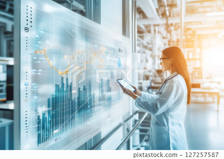 Modern Medical Professional Engaging with Digital Interface in Futuristic Healthcare Environment 127257587