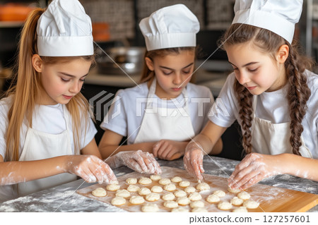 Kids Baking Cookies Together in Family Kitchen, Enjoying Fun Culinary Experience 127257601