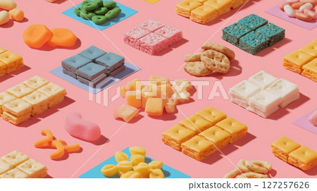 Assorted Colorful Snacks on Pink Background 127257626