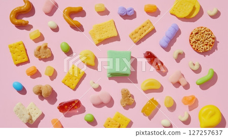 Colorful Assorted Snacks on Pink Background 127257637