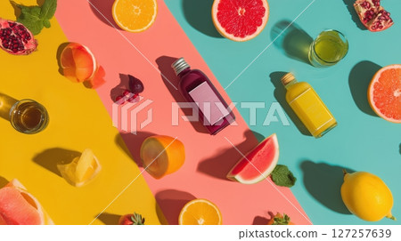 Colorful Flat Lay of Functional Beverages and Fresh Fruits 127257639