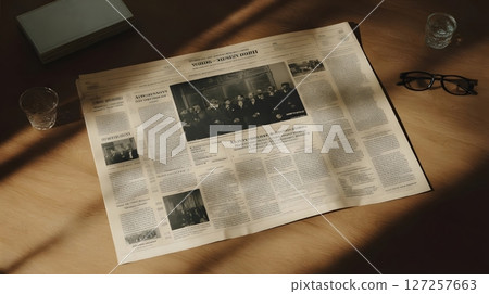 Old Newspaper Spread With Vintage Editorial Layout 127257663