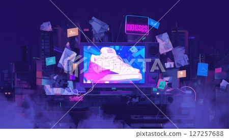 Retro Sneaker Advertisement on Neon Television Display 127257688
