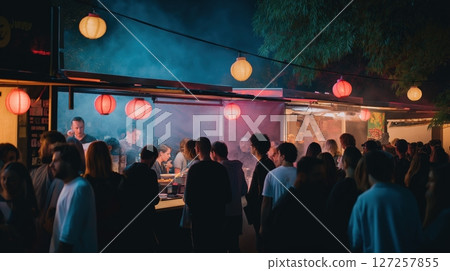 Night Market Scene with Lanterns and Food Vendors 127257855