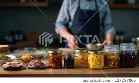 Preserved Vegetables in Glass Jars on Kitchen Counter 127257860