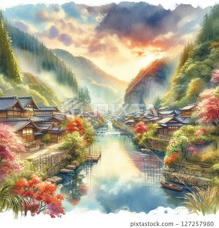 用水彩筆觸繪製的日本風景 用水彩筆觸繪製的日本風景 127257980