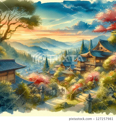 用水彩筆觸繪製的日本風景 用水彩筆觸繪製的日本風景 127257981