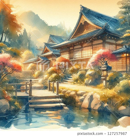 用水彩筆觸繪製的日本風景 127257987