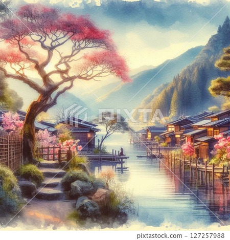 用水彩筆觸繪製的日本風景 127257988