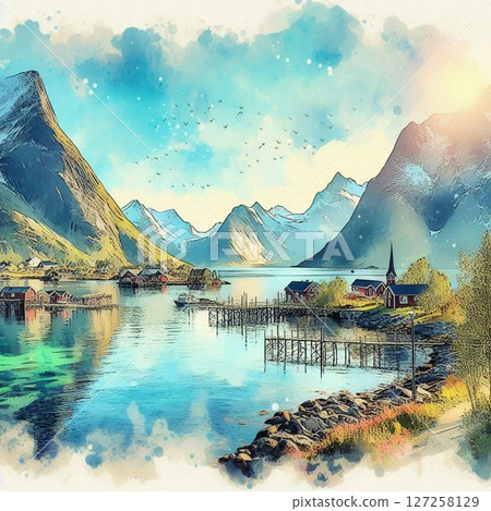 水彩畫中描繪的北歐美景和美麗的北國大地 水彩畫中描繪的北歐美景和美麗的北國大地 127258129