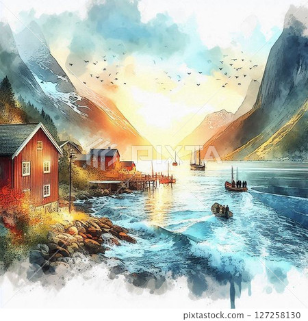 水彩畫中描繪的北歐美景和美麗的北國大地 水彩畫中描繪的北歐美景和美麗的北國大地 127258130