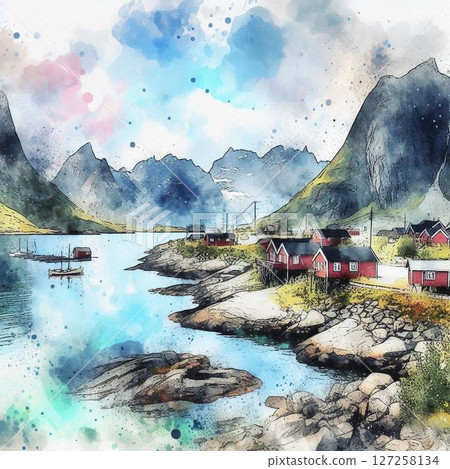 水彩畫中描繪的北歐美景和美麗的北國大地 127258134
