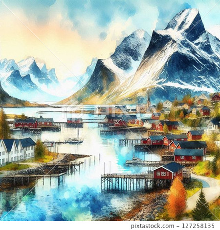 水彩畫中描繪的北歐美景和美麗的北國大地 127258135