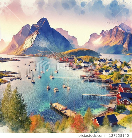 水彩畫中描繪的北歐美景和美麗的北國大地 127258140