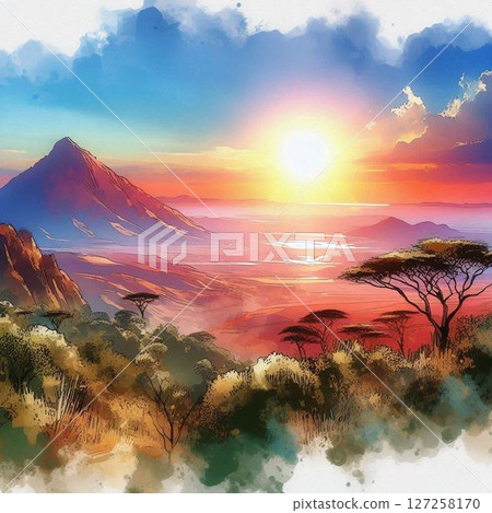 以水彩風格描繪的美麗非洲大草原和廣闊的土地 127258170