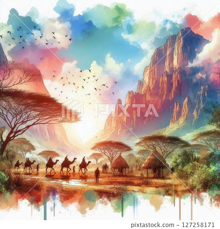以水彩風格描繪的美麗非洲大草原和廣闊的土地 127258171