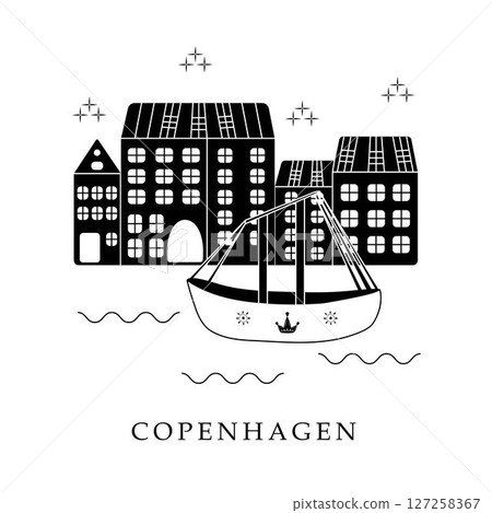 European capitals, Copenhagen. Black and white illustration 127258367