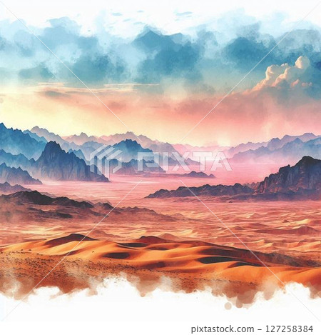 Watercolor paintings of vast, dry lands, desert areas, and wilderness 127258384