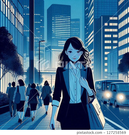 A career woman in the city at night, a female office worker blending into the city at night, a businesswoman 127258569