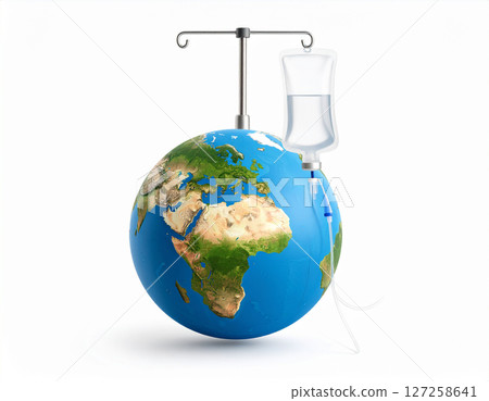 AI generated realistic globe with medical iv bag and tube symbolizing environmental care concept white background climate change earth protection healthcare metaphor 127258641