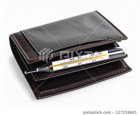AI generated realistic empty men's wallet with medical thermometer showing high temperature symbolizing financial crisis and economic emergency concept white background money problem metaphor 127258665