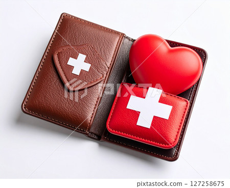 AI generated realistic empty men's wallet with emergency AED defibrillator pads symbolizing financial crisis and urgent economic recovery white background money rescue metaphor 127258675