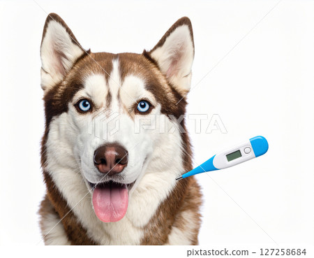 AI generated happy siberian husky dog with high fever thermometer showing elevated temperature symbolizing pet health monitoring and veterinary care concept white background animal wellness check 127258684