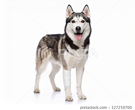 AI generated happy siberian husky dog with front leg bandage symbolizing pet injury recovery and loving care concept white background animal first aid and veterinary treatment AI generated happy siberian husky dog with front leg bandage symbolizing pet injury recovery and loving care concept white background animal first aid and veterinary treatment 127258700