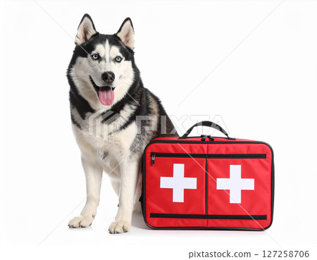 AI generated happy siberian husky dog with emergency AED pads symbolizing pet emergency care and life-saving veterinary treatment concept white background animal health crisis response AI generated happy siberian husky dog with emergency AED pads symbolizing pet emergency care and life-saving veterinary treatment concept white background animal health crisis response 127258706