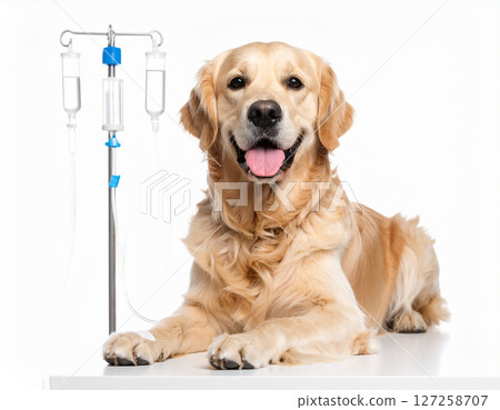 AI generated happy golden retriever dog receiving iv fluid therapy symbolizing professional pet care and veterinary treatment concept white background animal health and hydration AI generated happy golden retriever dog receiving iv fluid therapy symbolizing professional pet care and veterinary treatment concept white background animal health and hydration 127258707