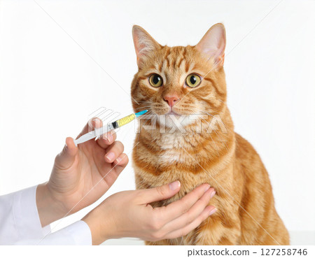 AI generated happy ginger tabby cat receiving light yellow vaccine injection symbolizing preventive feline healthcare and routine veterinary checkup concept white background cat immunization 127258746