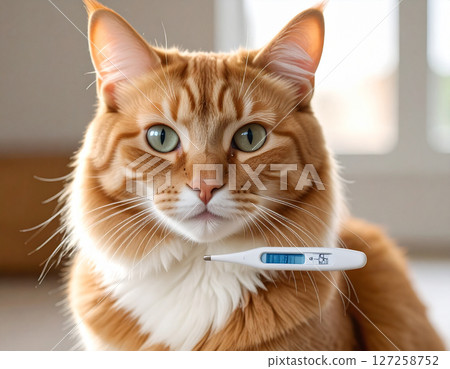 AI generated happy ginger tabby cat with high fever thermometer showing elevated temperature symbolizing responsible feline health monitoring and veterinary care concept white cat wellness check 127258752