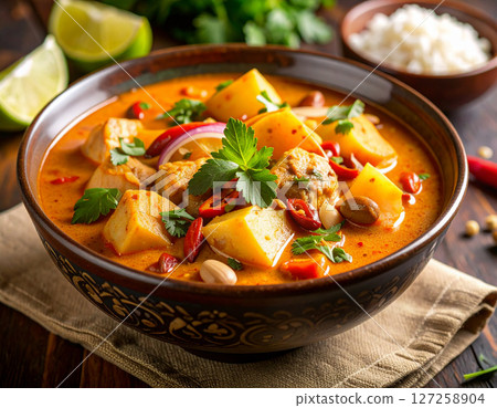 AI generated aromatic Thai massaman curry served in ornate ceramic bowl and fresh ingredients like potatoes, onions and roasted peanuts, steaming hot with rich coconut sauce AI generated aromatic Thai massaman curry served in ornate ceramic bowl and fresh ingredients like potatoes, onions and roasted peanuts, steaming hot with rich coconut sauce 127258904