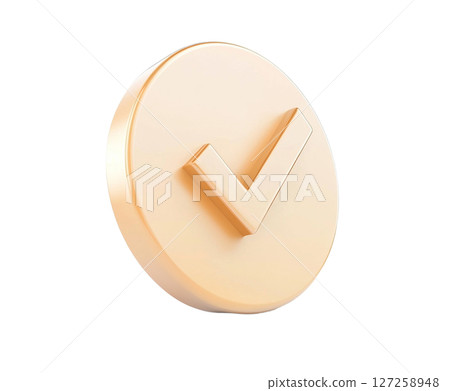 in a brightly illuminated setting, a sleek, light orange or golden, circular button like object with a dimensional check mark on its surface is prominently displayed in a brightly illuminated setting, a sleek, light orange or golden, circular button like object with a dimensional check mark on its surface is prominently displayed 127258948